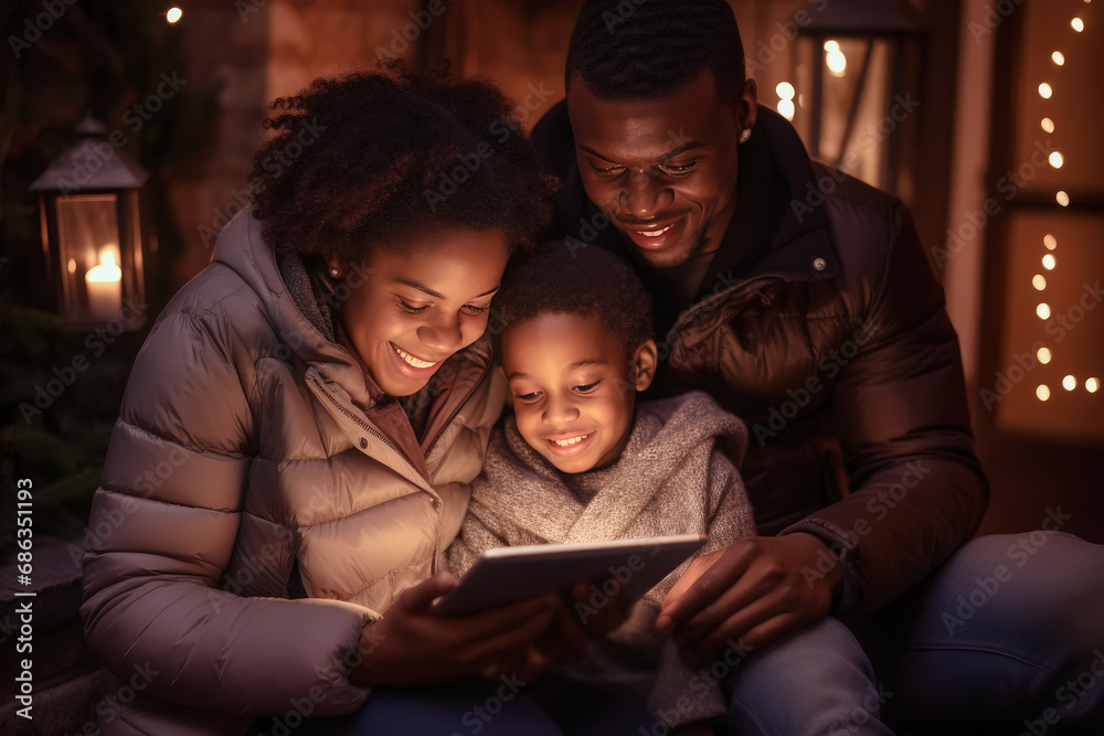 familia afroamericana sentada en la terraza de su vivienda observando una tablet sobre fondo decorado con farol y luces familia afroamericana sentada en la terraza de su vivienda observando una tablet sobre fondo decorado con farol y luces