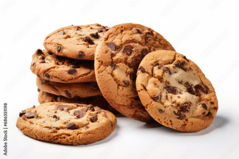 Chocolate chip cookies isolated on white background. Homemade cookies close up. Generative AI Chocolate chip cookies isolated on white background. Homemade cookies close up. Generative AI