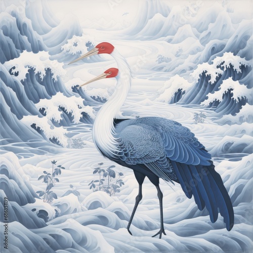 a crane with only one foot, Cranes with blue-white feathers and red markings, beasts in the Classic of Mountains and Seaï¼ŒAn intricate gongbi-style dragen paintinginspired by the artistic legacy of photo