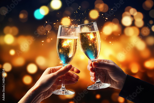 dos manos sosteniendo copas de champan efectuando un brindis sobre fondo desenfocado de luces brillantes doradas. concepto de celebracion,san valentin, año nuevo photo