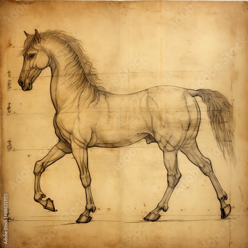 a horse seen from the side drawn by Leonardo da Vinci. ink drawing on paper 