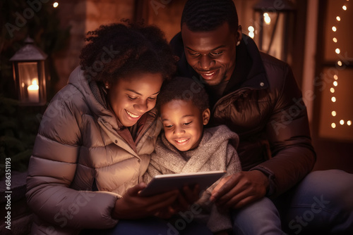 familia afroamericana sentada  en la terraza de su vivienda observando una tablet sobre fondo decorado con farol y luces  photo