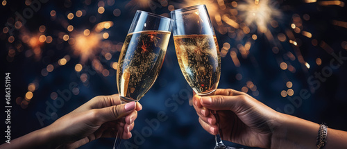 dos manos sosteniendo copas de champan efectuando un brindis sobre fondo desenfocado de fuegos artificiales photo