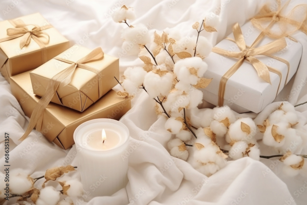 Craft gifts boxes on white background with flowers cotton branches. Generative AI Craft gifts boxes on white background with flowers cotton branches. Generative AI
