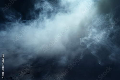Fog or mist in background. Dark empty street with smoke. Generative AI © barmaleeva