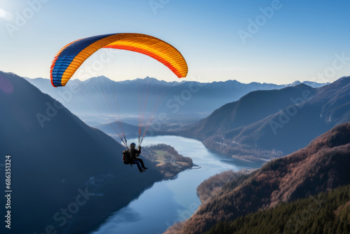 Paraglider flying over mountains in summer day. Generative AI