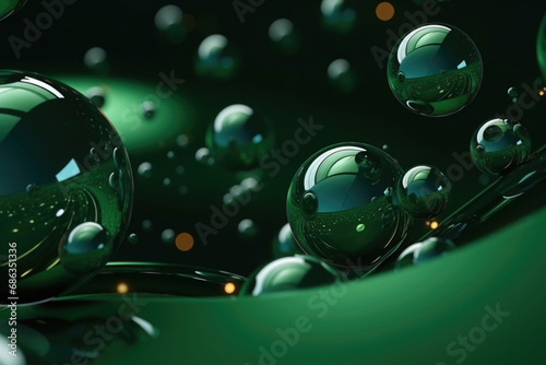 Shiny balls in different sizes on green background. Abstract glossy bubbles. Composition with chaotic floating spheres. Generative AI