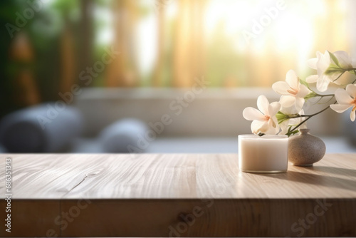 View of spa accessories on the table with spa in the background. AI generated