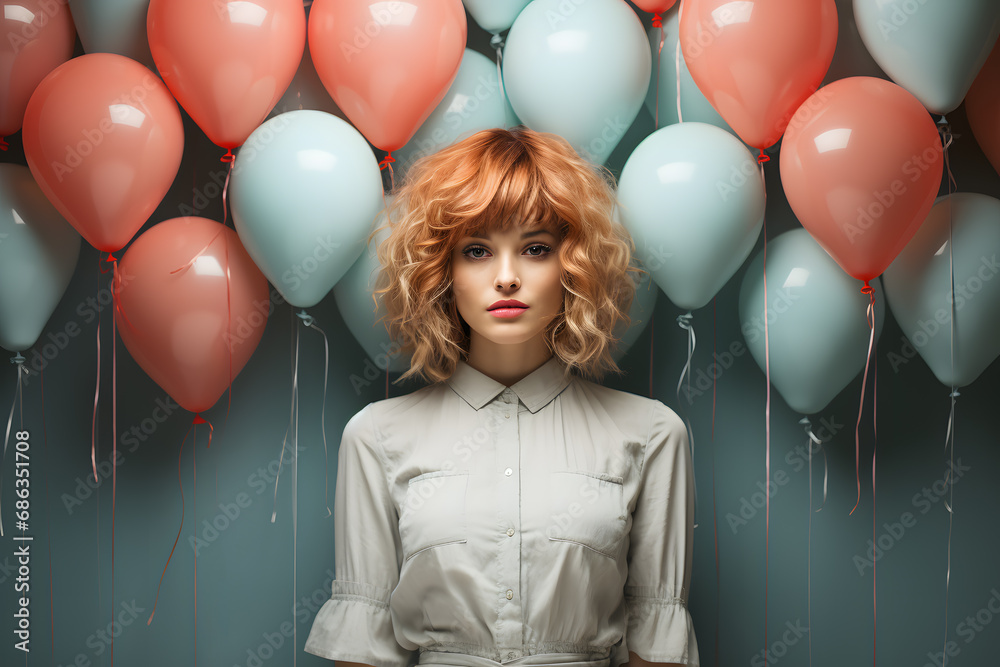 Woman with balloons in the background in pastel colors. Women Day concept.