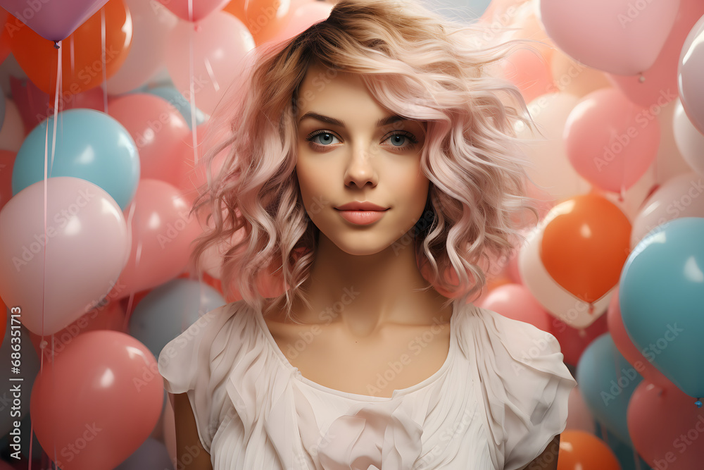 Woman with balloons in the background in pastel colors. Women Day concept.