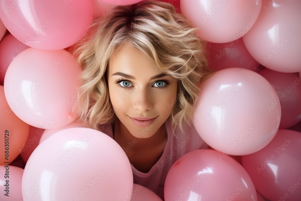 Woman with balloons in the background in pink color. Women Day concept. Aerial view.