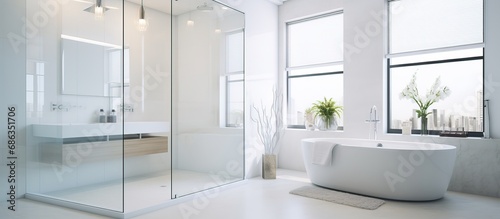 A modern bathroom with a see through glass wall enclosing a white bathtub and shower photo