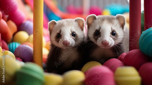 A pair of curious ferrets exploring a colorful play area, their noses twitching with curiosity.