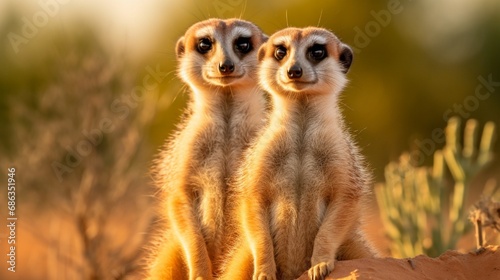 A pair of curious meerkats standing upright, surveying their surroundings with watchful eyes.