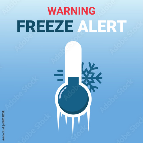 Freeze alert warning for low temperatures. Frozen thermometer with snowflake and gradient background. Vector illustration.