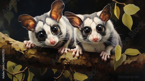 A pair of curious sugar gliders clinging to a branch, their large eyes reflecting a sense of wonder.