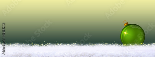 Christmas background with green ball on white snow.