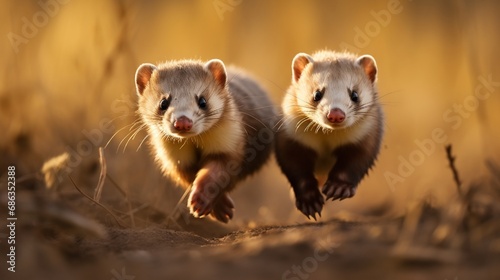 A pair of energetic ferrets engaged in a lively game of chase, their sleek bodies in motion.