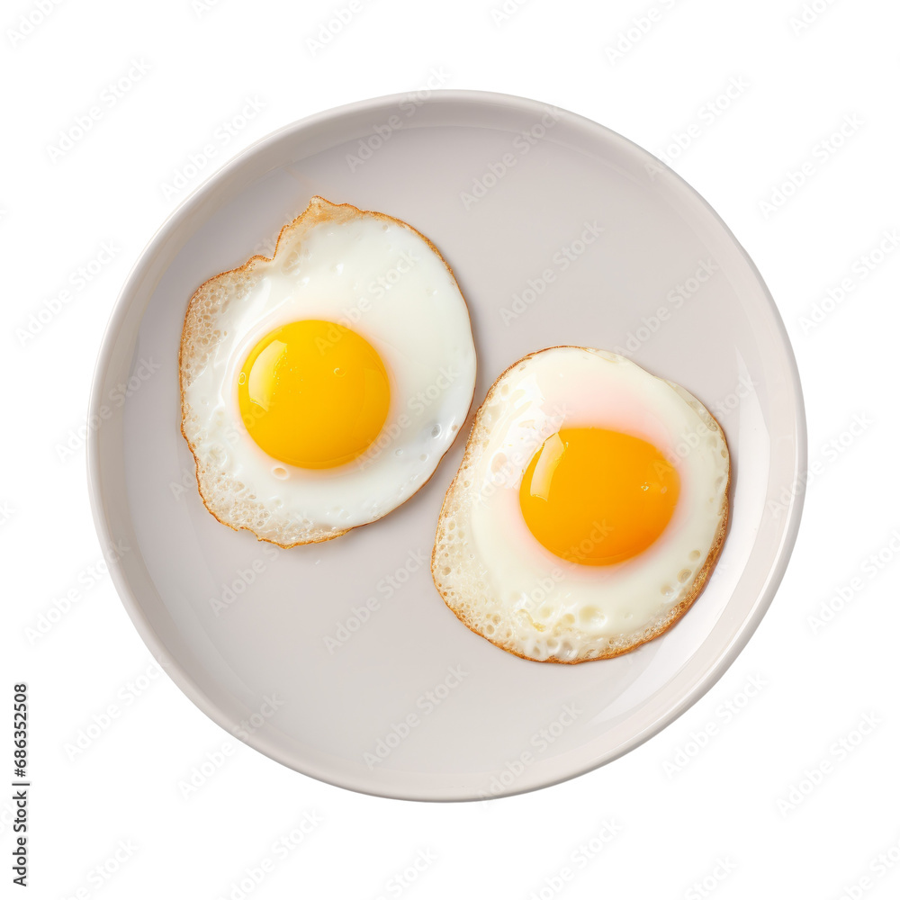 Two perfectly fried eggs on a plate. Transparent background. Two perfectly fried eggs on a plate. Transparent background.