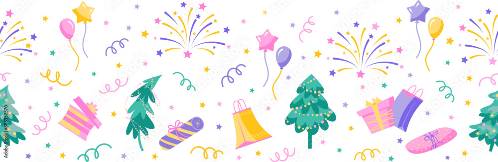 Winter holidays seamless border with Christmas tree, gift boxes, balloons and fireworks. Vector color isolated illustration.
