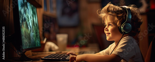A young boy enjoying computer game. photo