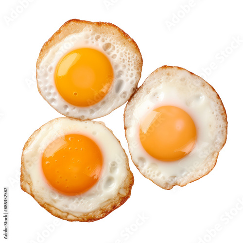 Three fried eggs with herbs on a transparent background.