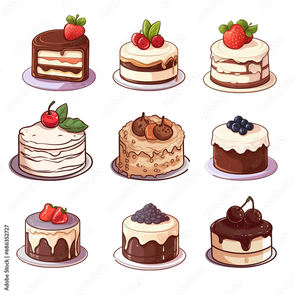 Set of various cakes isolated on transparent background