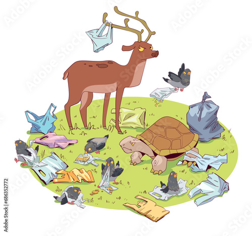 Animal ecological problem. Animals surrounded by garbage and plastic bags. Cartoon style. Colorful cartoon character. Funny vector illustration. Isolated on white background
