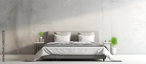 white concrete wall in minimalist master bedroom with double bed © Lasvu