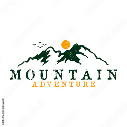 vintage retro classic hipster rustic grunge of sun sunrise sunset island mountain hill peak rocky ice top mount landscape nature view silhouette suitable for outdoor travel adventure logo design idea