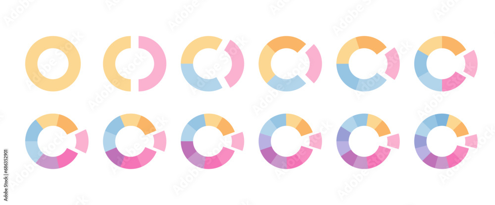 Ring colored structure chart template with separate segments. Circular segments divided into multicolor segments. Set of circle graph. Pie diagram. Piechart with slices. Vector illustration Ring colored structure chart template with separate segments. Circular segments divided into multicolor segments. Set of circle graph. Pie diagram. Piechart with slices. Vector illustration