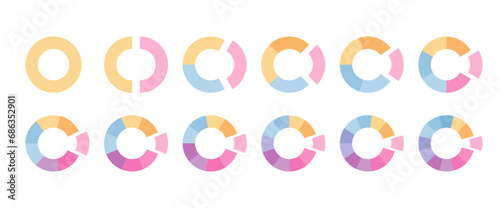 Ring colored structure chart template with separate segments. Circular segments divided into multicolor segments. Set of circle graph. Pie diagram. Piechart with slices. Vector illustration