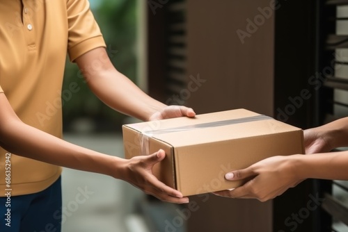 Woman hand accepting a delivery box. Delivery logistic concept