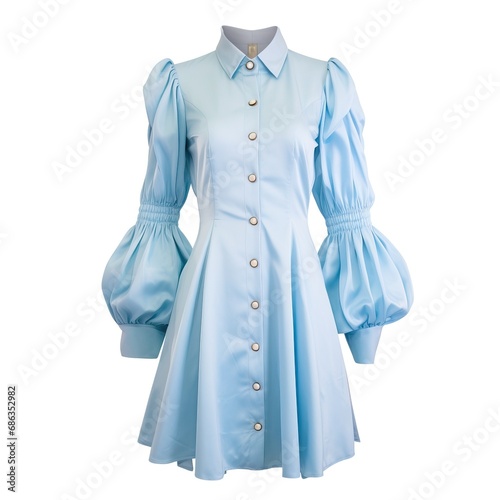 Shirt dress, fitted at the waist, balloon cut sleeves. Baby blue color, with white buttons