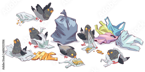 Pigeons feed on garbage. Animal ecological problem. Animals surrounded by trash and plastic bags. Cartoon style. Colorful cartoon character. Funny vector illustration. Isolated on white background photo