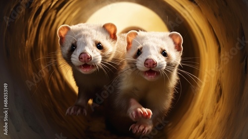 A pair of playful ferrets engaged in a game of chase, darting through a tunnel with boundless energy.