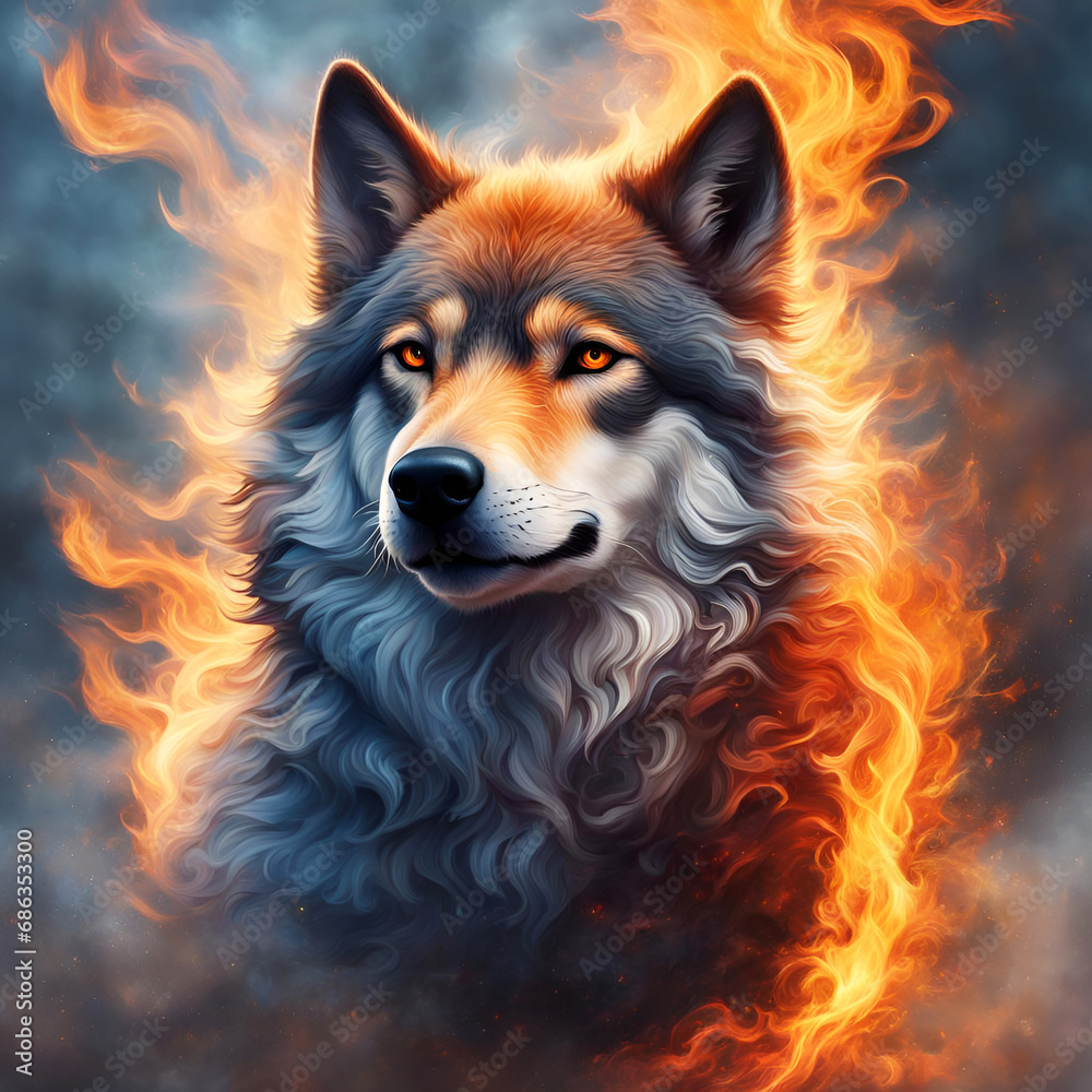 Fototapeta premium Illustration loup,flammes