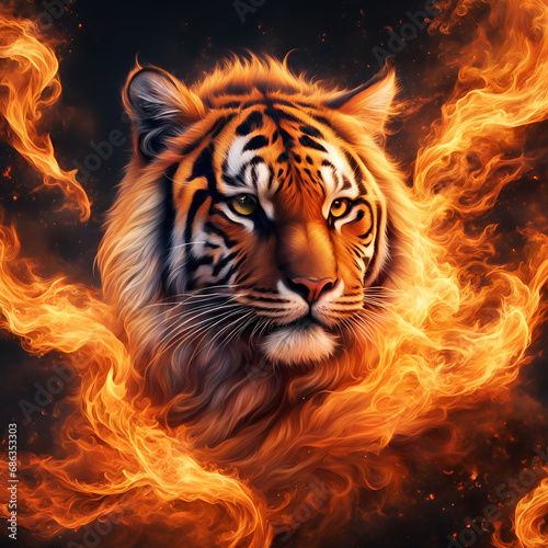 Illustration tigre,flammes