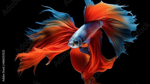 A pair of sleek Siamese fighting fish, their vibrant tails creating a stunning display in a glass aquarium.