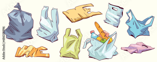 Plastic bags in different positions. Plastic shopping bags set. Empty disposable packages for supermarket and garbage. Used and new polythene packs, packets for purchases. Cartoon style. Isolated