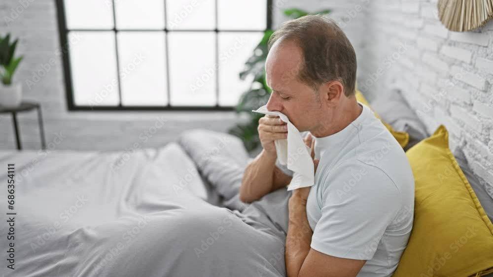 Stressed middle age man suffering from sickness, sitting in bed mourning his illness inside his apartment's bedroom Stressed middle age man suffering from sickness, sitting in bed mourning his illness inside his apartment's bedroom