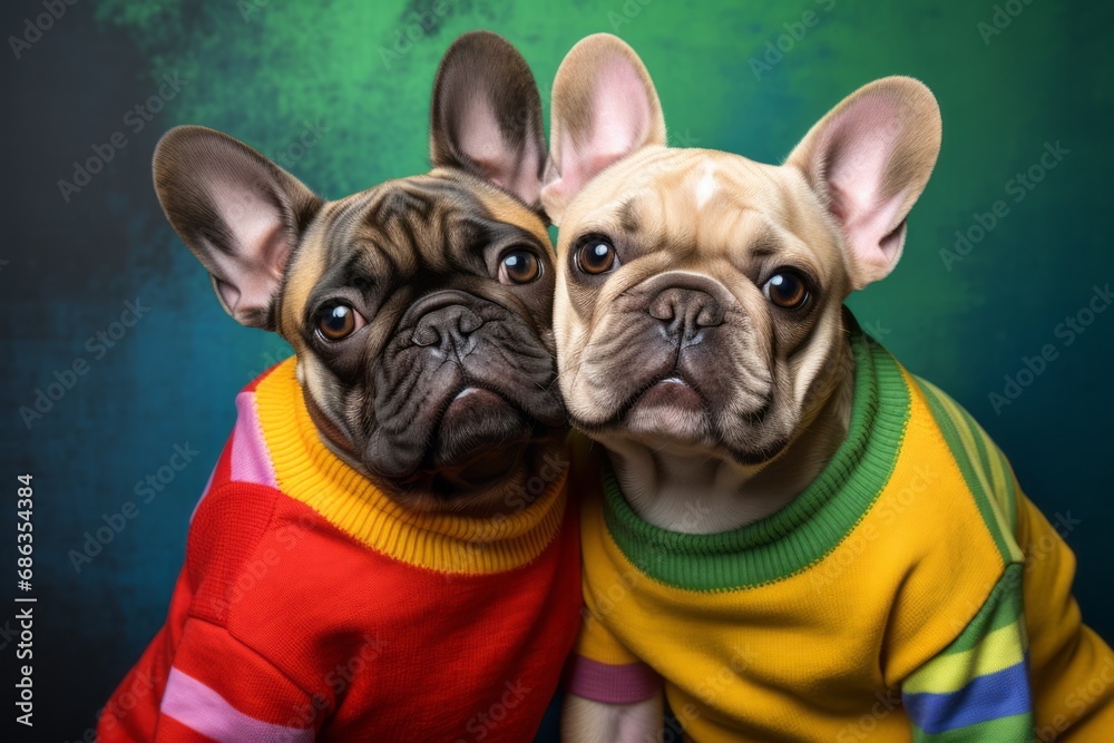 Portrait of two cute French Bulldog wearing colorful sweaters.