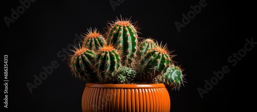 Black background isolated cactus pot orange thorn fero cactus photo