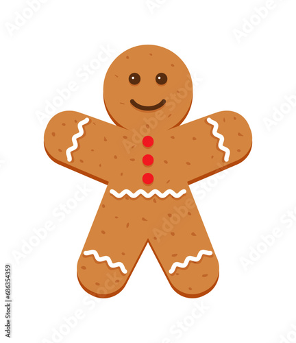 Gingerbread man. Xmas biscuit isolated on white background. Classic Christmas cookies. Noel holiday sweet dessert. Cute ginger bread character in flat cartoon design. Vector illustration.