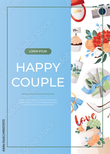 Promo flyer with cake, flowers, bride suit, groom dress, engagement ring, proposing card. Wedding day accessories, decorations.Celebrate marriage, save the date ceremony for poster, cover, advertising