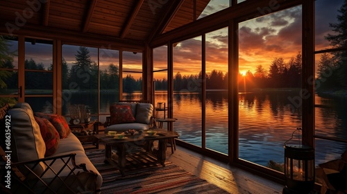 A panoramic view of a sun setting over a tranquil lake, visible through the large windows of a lakeside cabin.