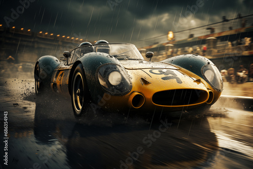 Vintage racing car driving on a wet track. Concept set in a dramatic, cinematic style with a dark and stormy sky in the background, with motion blur to the track and splashing water photo