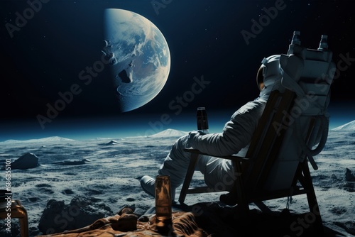 Astronaut sitting in a chair and looking at the moon. astronaut sitting on a deck chair in the moonlight. Astronomy concept. Astronaut concept with a copy space.
