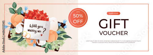 Promo gift voucher with "Will You Marry Me" proposing card in flower box with engagement rings. Wedding day accessories, decorations. Celebrate marriage, save the date ceremony for poster, advertising
