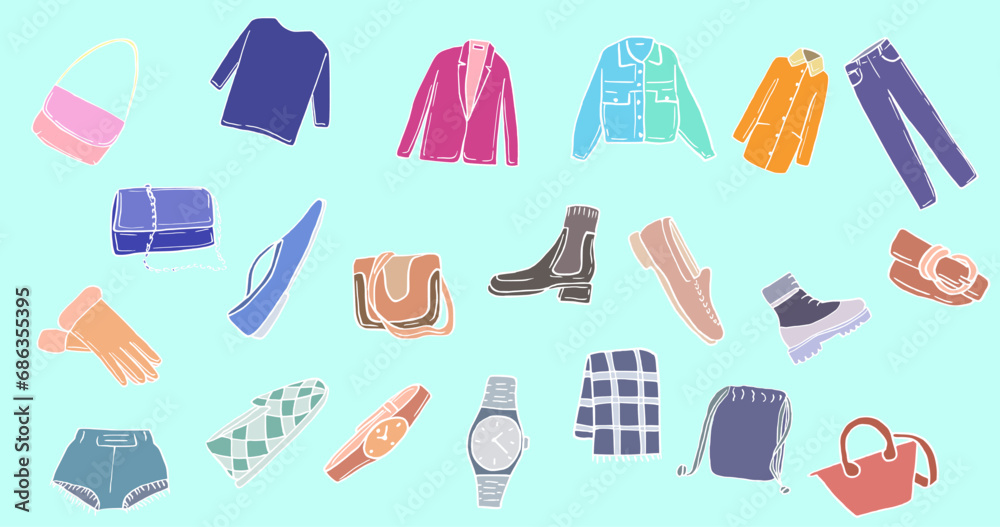 set  vector flat fashion clothes accessories shirt, coat, watch, shoes, bag
